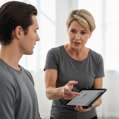 Detailed close-up of a physical therapist or coach explaining movement assessment results to a client using a tablet, demonstrating personalized feedback and prevention strategies