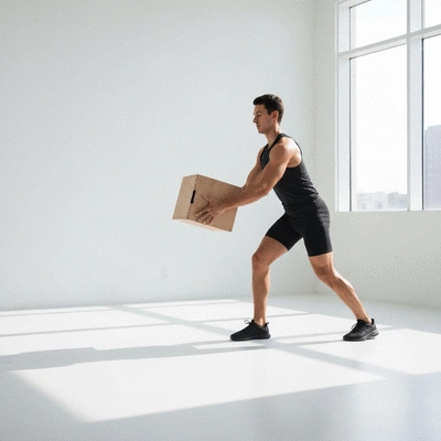 Person performing a functional movement like lifting a light box with proper biomechanics, in a clean, modern setting, no text, no words, no typography, 8K