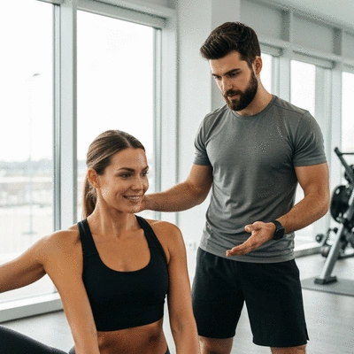 Trainer providing guidance to client during workout