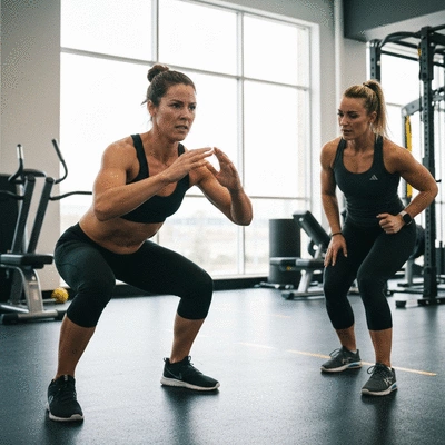 Person performing a functional movement assessment, such as a squat or lunge, in a clean gym environment, with an instructor observing