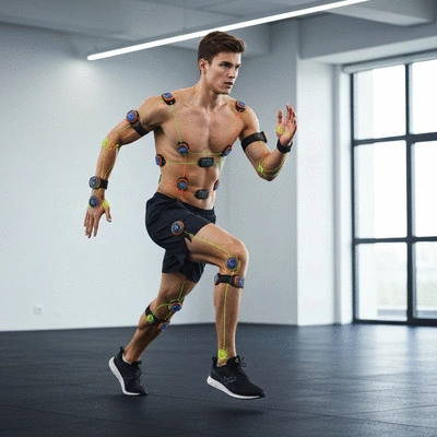 Person wearing multiple wearable sensors during a workout for biomechanical analysis