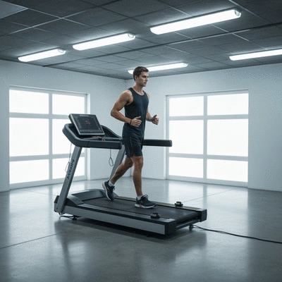 Athlete undergoing biomechanical assessment on a treadmill with sensors
