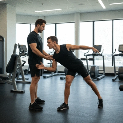 Professional conducting a personalized fitness assessment on an athlete, focusing on movement patterns and body mechanics, clean, modern gym environment, no text, no words, no typography, 8K