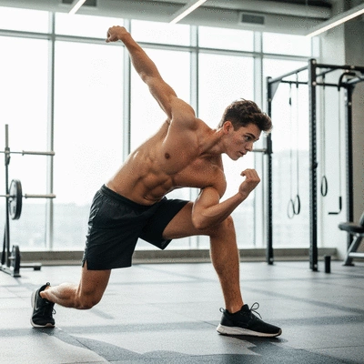 Athlete performing dynamic stretch, demonstrating movement science principles