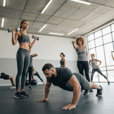 Diverse group of people in a gym demonstrating safe exercise techniques, focusing on proper form and movement